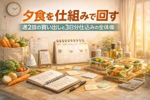週2回の買い出しと3日分仕込みで夕食を仕組み化する様子を表したアイキャッチ画像。キッチンに献立カレンダー、作り置き容器、ノートが並ぶ温かい雰囲気のイラスト。