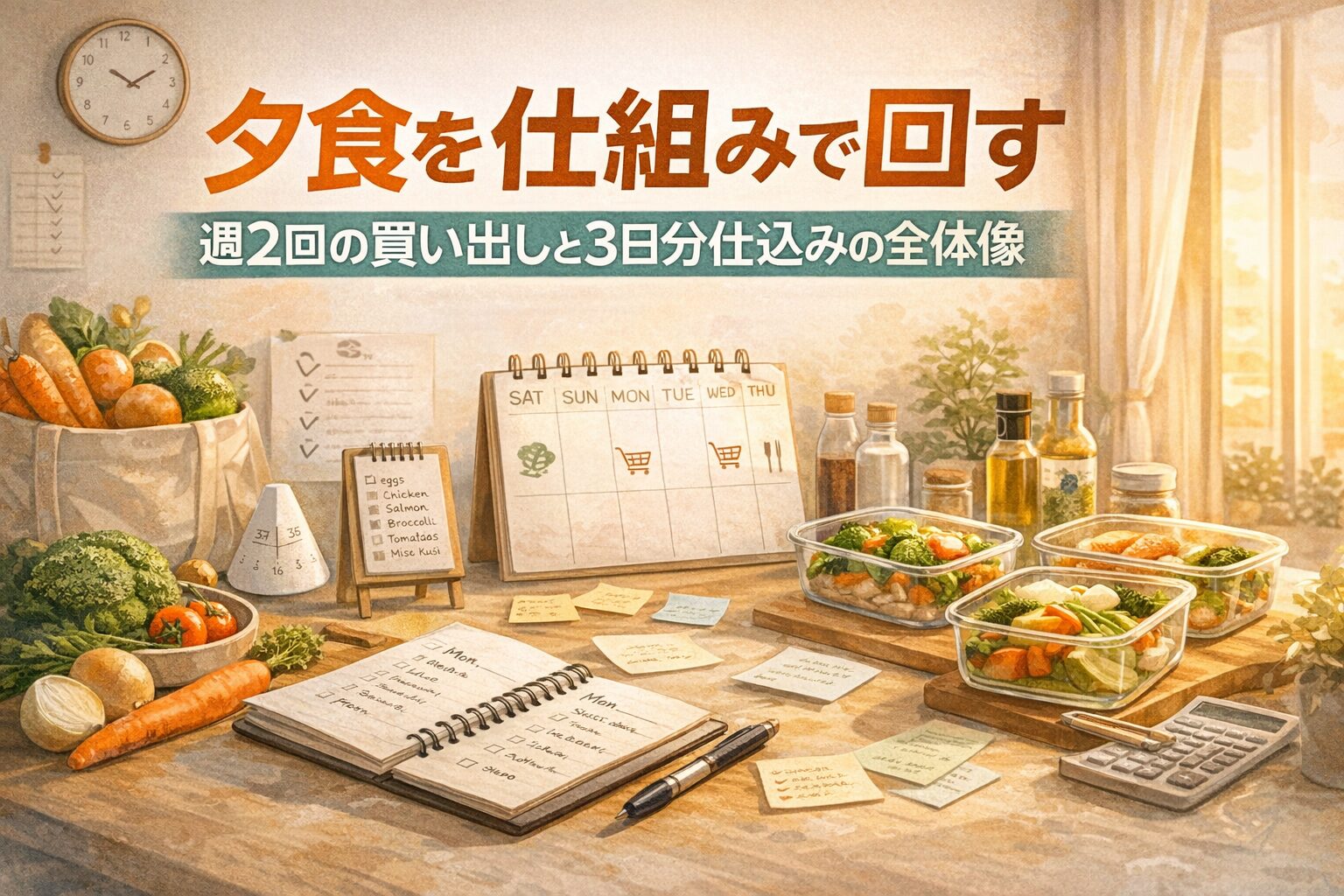 週2回の買い出しと3日分仕込みで夕食を仕組み化する様子を表したアイキャッチ画像。キッチンに献立カレンダー、作り置き容器、ノートが並ぶ温かい雰囲気のイラスト。