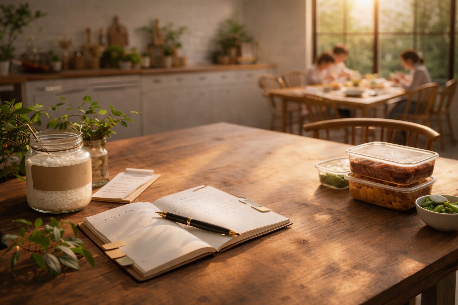 夕方の自然光が差し込むダイニングテーブルに、献立ノートと塩麹の瓶、下味をつけた保存容器が整然と並ぶ整った食卓風景