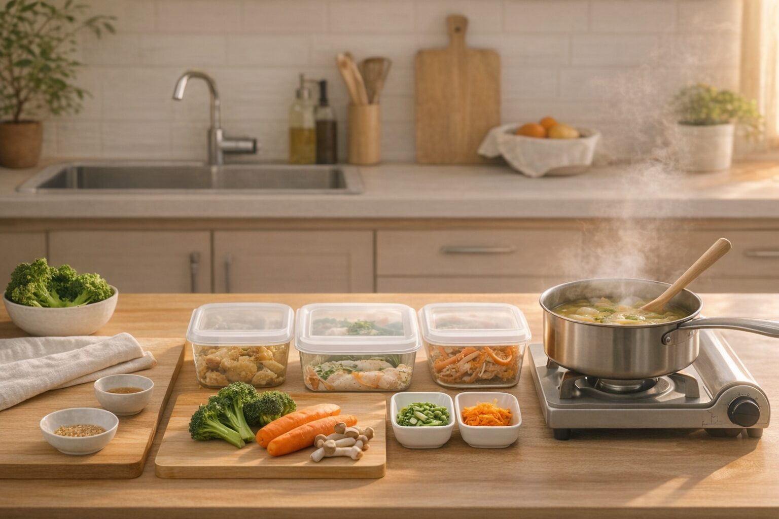 夕方の自然光が入る整ったキッチンカウンターに、下味済みの保存容器と切った野菜が並び、コンロでは湯気の立つスープが煮えている様子。300日献立の仕組みを表すイメージ。