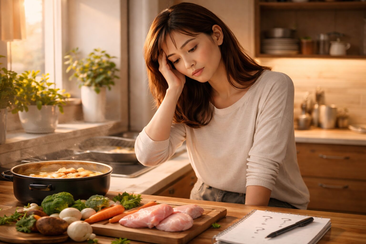 夕食の献立に悩みキッチンで考える女性の様子