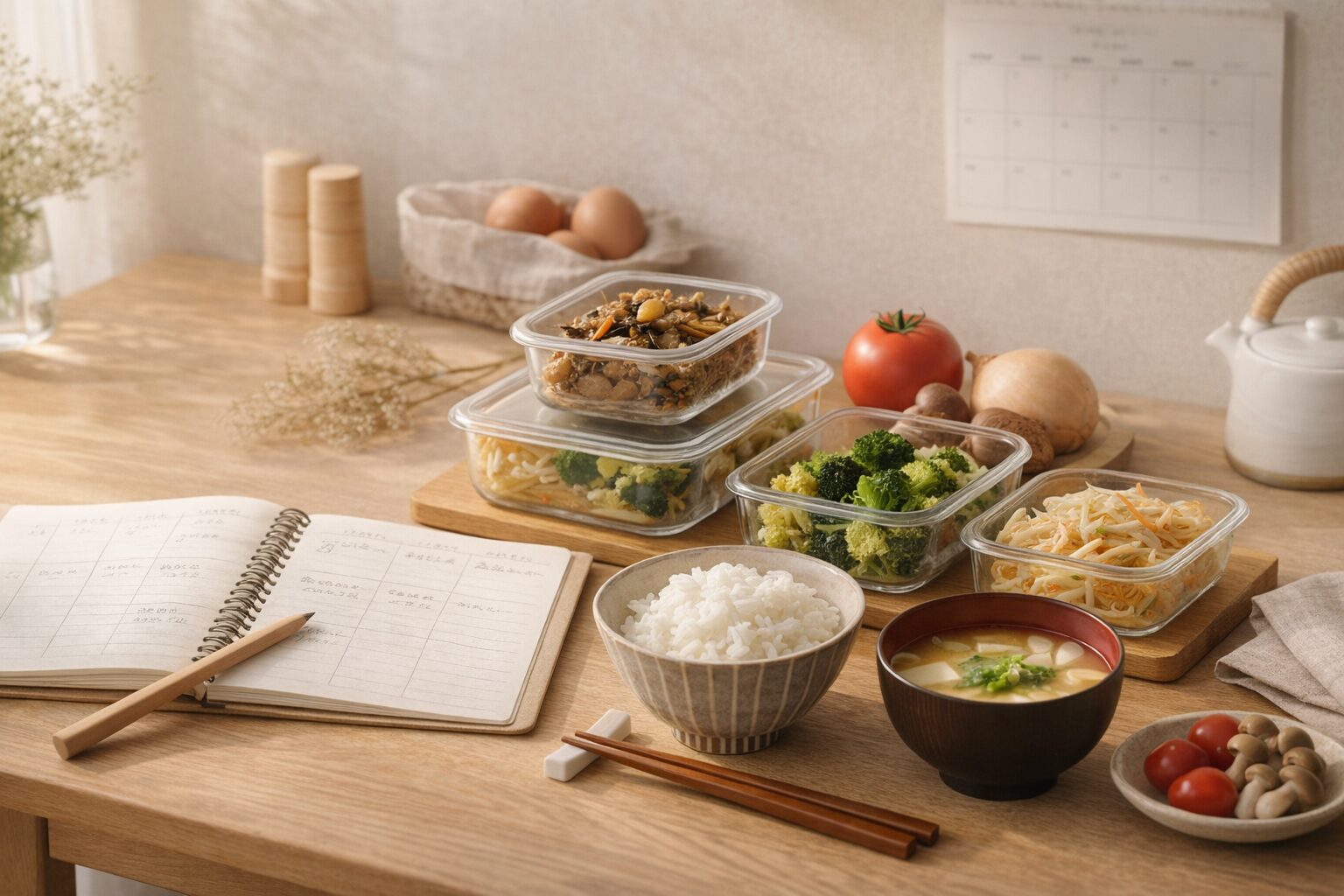 300日の献立という仕組みで整えた夕食準備のイメージ。献立ノートと作り置き副菜、味噌汁とごはんが並ぶ整った食卓。