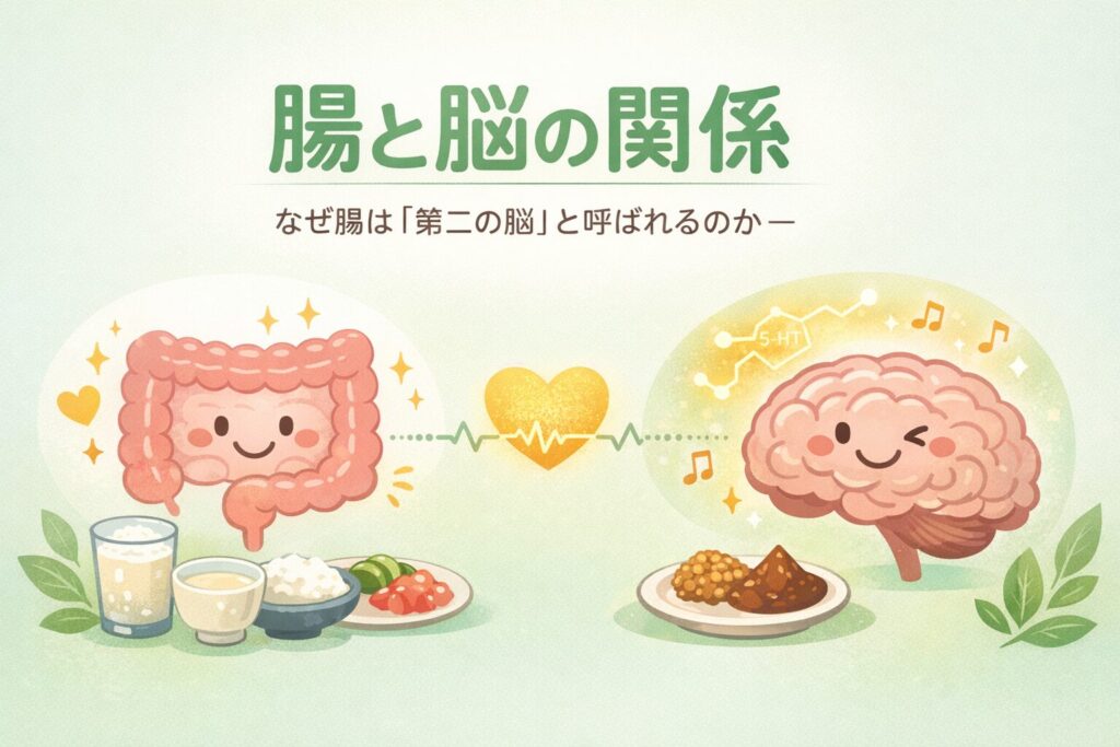 腸と脳の関係を示すイラスト。発酵食品と笑顔の腸、セロトニン分子とつながる脳を描き、腸が第二の脳と呼ばれる理由を表現している。