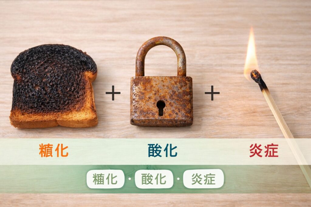 糖化・酸化・炎症を視覚的に表現したイメージ写真。焦げたパン、錆びた南京錠、燃えるマッチで体の変化を説明している