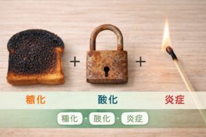 糖化・酸化・炎症を視覚的に表現したイメージ写真。焦げたパン、錆びた南京錠、燃えるマッチで体の変化を説明している