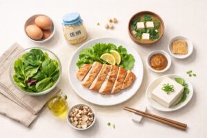 腸活スターターガイドを表すタンパク質中心の食事と発酵食品、味噌汁の組み合わせ