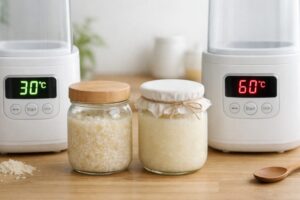 ヨーグルトメーカーの温度表示と塩麹の瓶を並べた発酵温度の比較イメージ