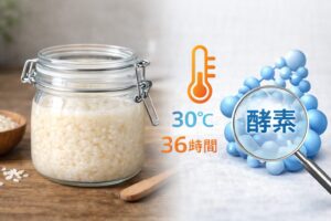 30度で36時間発酵させる塩麹のガラス瓶と酵素をイメージした図解イラスト