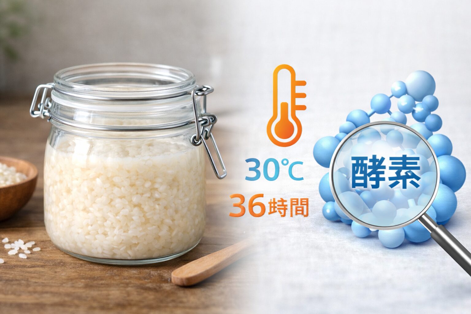 30度で36時間発酵させる塩麹のガラス瓶と酵素をイメージした図解イラスト