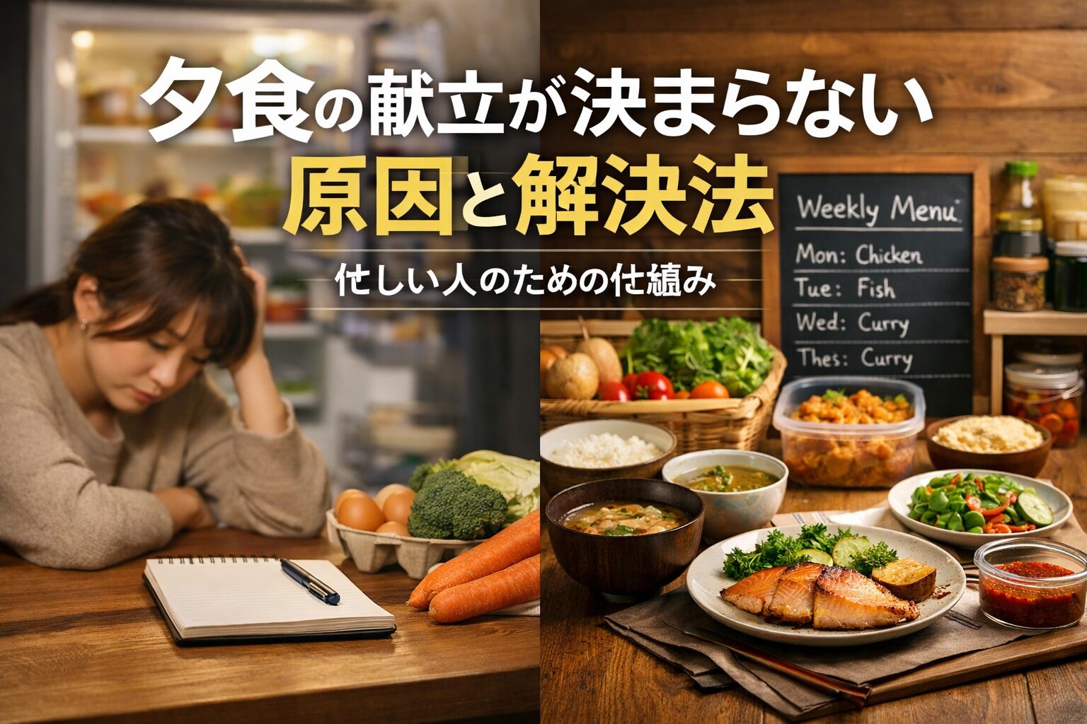 夕食の献立が決まらず悩む女性と冷蔵庫のイメージ｜夕方の判断疲れを表現