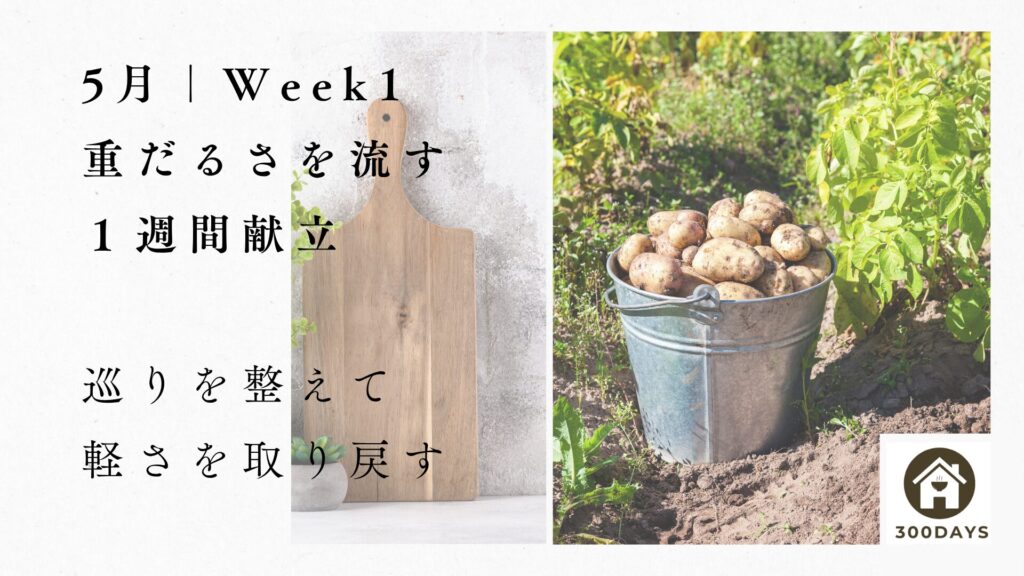 5月WEEK2の巡り改善をテーマにした6日間の夕食設計PDF表紙。温かい食事と整う暮らしをイメージしたデザイン。