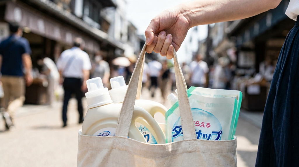 大きな洗濯洗剤や食器洗剤のボトルが入った重い買い物袋を持つ、日用品買い出しの負担を表現した写真