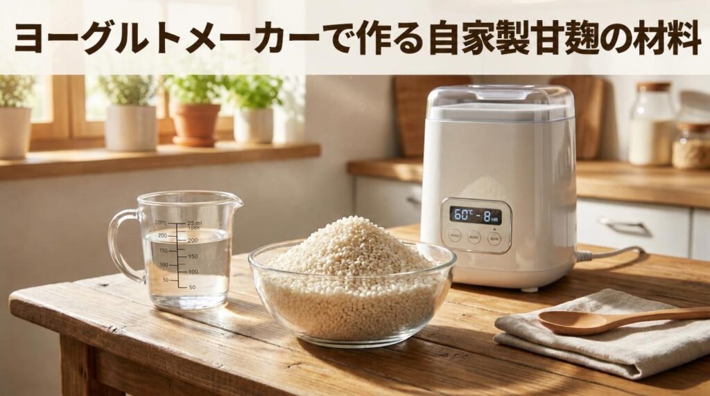 アイリスオーヤマ等のヨーグルトメーカーと材料（米麹と水）が並んでいる写真