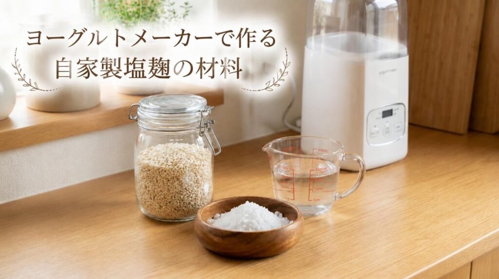 ヨーグルトメーカーで作る自家製塩麹の材料と道具