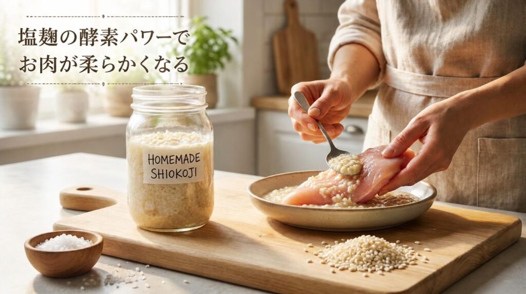 塩麹の酵素パワーでお肉が柔らかくなるイメージ